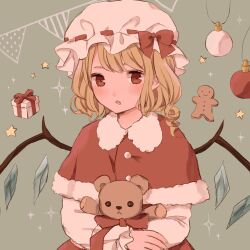 Rule 34 | 1girl, absurdres, alternate costume, blonde hair, bow, box, capelet, christmas ornaments, christmas present, cookie, crystal, fang, flandre scarlet, food, fur-trimmed capelet, fur trim, gift, gift box, green background, hat, hat bow, hat ribbon, highres, holding, holding stuffed toy, ichigo (ichigoxxusagi), long sleeves, medium hair, mob cap, open mouth, red bow, red capelet, red eyes, red ribbon, ribbon, ribbon-trimmed headwear, ribbon trim, shirt, simple background, solo, stuffed animal, stuffed toy, teddy bear, touhou, upper body, white shirt, wings