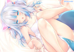 Rule 34 | 1girl, animal ears, bare shoulders, bed sheet, blue eyes, blue hair, blush, cat ears, chiyami, collarbone, feet, fins, fish tail, from above, gawr gura, hololive, hololive english, legs up, lying, multicolored hair, nail polish, on back, open mouth, panties, paw pose, shark tail, short twintails, solo, streaked hair, tagme, tail, twintails, underwear, virtual youtuber, white hair, white panties