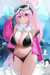 Rule 34 | 1girl, :o, absurdres, animal, bare shoulders, bexercube, bikini, bird, black bikini, blue archive, blush, breasts, cowboy shot, eimi (blue archive), eimi (swimsuit) (blue archive), eyewear on head, goggles, goggles on head, halo, highres, ice, jacket, large breasts, long hair, long sleeves, looking at viewer, navel, official alternate costume, open clothes, open jacket, penguin, pink hair, pink halo, pink jacket, purple eyes, scarf, side-tie bikini bottom, solo, standing, string bikini, swimsuit, white scarf