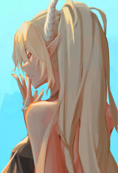Rule 34 | 1girl, absurdres, arknights, bare shoulders, black dress, blonde hair, blue background, breasts, dress, hair between eyes, hand to own mouth, highres, horns, long hair, looking at viewer, looking back, medium breasts, piao miao, pointy ears, red eyes, shining (arknights), simple background, solo, straight hair, upper body