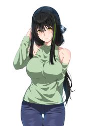 Rule 34 | 1girl, absurdres, alternate costume, alternate hairstyle, arm behind head, bare shoulders, bishi (bishi), black hair, blush, breasts, collarbone, denim, girls&#039; frontline, green hair, green shirt, highres, jeans, large breasts, long hair, looking at viewer, low ponytail, m4a1 (girls&#039; frontline), multicolored hair, off shoulder, pants, ponytail, shirt, smile, solo, streaked hair, thigh gap, transparent background, yellow eyes