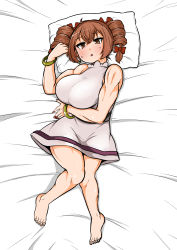 Rule 34 | 1girl, absurdres, bangle, barefoot, bed sheet, bow, bracelet, breasts, brown eyes, brown hair, chestnut mouth, commentary request, dakimakura (medium), dress, drill hair, full body, hair bow, highres, himajin noizu, jewelry, large breasts, lying, muscular, muscular female, nail polish, on back, on bed, pillow, red nails, sleeveless, sleeveless dress, solo, sweat, touhou, twin drills, white dress, yorigami jo&#039;on