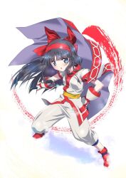 Rule 34 | 1girl, ainu clothes, black hair, blue eyes, breasts, fighting stance, fingerless gloves, gloves, hair ribbon, highres, legs, looking at viewer, nakoruru, open mouth, pants, ribbon, samurai spirits, small breasts, snk, solo, thighs, weapon