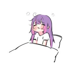 Rule 34 | absurdres, alternate costume, buibui, chibi, chibi only, closed eyes, hashtag-only commentary, highres, hololive, long hair, multicolored hair, on bed, pink hair, pointy ears, purple hair, shirt, squeans, streaked hair, t-shirt, tokoyami towa, under covers, virtual youtuber, waking up, white shirt
