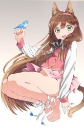 Rule 34 | 1girl, :d, animal ears, ankle ribbon, anklet, artist request, bad id, bad pixiv id, barefoot, bird, bird on hand, brown hair, cat ears, cat tail, fang, flower, gradient background, green eyes, hair flower, hair ornament, hairband, jewelry, leg ribbon, long hair, long sleeves, open mouth, original, ribbon, ring, skirt, smile, solo, tail, tanaka arumi, very long hair