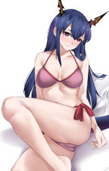 Rule 34 | 1girl, absurdres, arknights, bare legs, bikini, blue hair, casperrin, ch&#039;en (arknights), commentary, dragon horns, dragon tail, english commentary, highres, horns, long hair, looking at viewer, pink bikini, red eyes, simple background, solo, stomach, swimsuit, tail, thighs, very long hair, white background