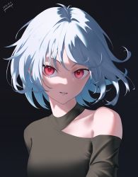 Rule 34 | 1girl, 2022, absurdres, asymmetrical clothes, black background, black shirt, collarbone, dated, highres, looking at viewer, original, parted lips, red eyes, shirt, short hair, signature, silver hair, solo, upper body, yatarime