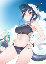 Rule 34 | 2girls, :d, arknights, arm ribbon, baseball cap, bikini, black bikini, blue hair, blurry, blurry background, blush, ch&#039;en (arknights), ch'en (arknights), closed eyes, closed mouth, cloud, cloudy sky, commentary, depth of field, dragon horns, dragon tail, female tourist c (arknights), frown, hair over one eye, hair up, hands on own hips, hat, horns, horns through headwear, hoshiguma (arknights), koba, long hair, looking at viewer, medium hair, multi-strapped bikini, multiple girls, navel, official alternate costume, open mouth, red eyes, ribbon, short ponytail, sidelocks, single horn, skin-covered horns, sky, smile, standing, swimsuit, tail, watch, waving, wet, white headwear, wristwatch