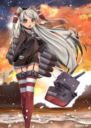 Rule 34 | 10s, 1girl, amatsukaze (kancolle), blush, brown hair, dress, dusk, fang, gloves, hair tubes, hand on own hip, headgear, highres, kantai collection, long hair, long sleeves, looking back, machinery, neckerchief, ocean, open mouth, rainys bill, red thighhighs, rensouhou-kun, sailor collar, sailor dress, signature, silver hair, single glove, striped clothes, striped thighhighs, thigh gap, thighhighs, twitter username, two side up, very long hair, wading, white gloves, zettai ryouiki