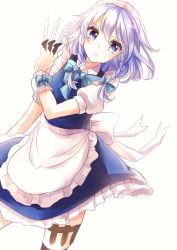 Rule 34 | 1girl, absurdres, apron, between fingers, blue dress, braid, dress, highres, holding, holster, izayoi sakuya, kashiwagi chisame, knife, looking at viewer, maid, maid apron, maid headdress, puffy short sleeves, puffy sleeves, purple eyes, shirt, short sleeves, silver hair, solo, thigh holster, throwing knife, touhou, twin braids, waist apron, weapon, wrist cuffs