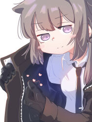 Rule 34 | 1girl, absurdres, black gloves, black necktie, blush stickers, brown jacket, closed mouth, commentary, dress shirt, finger heart, girls&#039; frontline, gloves, hair over shoulder, heart, hexaa, highres, jacket, jitome, leaning forward, light brown hair, long hair, looking at viewer, loose necktie, low ponytail, m200 (girls&#039; frontline), messy hair, necktie, open clothes, open jacket, popped collar, purple eyes, shirt, smile, solo, tie clip, upper body, v-shaped eyebrows, white background, white shirt