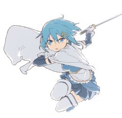 Rule 34 | 1girl, blue eyes, blue footwear, blue hair, blue skirt, breasts, cape, cape lift, clothes lift, detached sleeves, dot nose, fighting stance, fortissimo, frills, full body, gloves, hair between eyes, hair ornament, hairclip, holding, holding sword, holding weapon, kondoo, legs together, looking at viewer, mahou shoujo madoka magica, mahou shoujo madoka magica (anime), miki sayaka, musical note, musical note hair ornament, parted lips, pleated skirt, serious, short hair, sideboob, sidelighting, simple background, skirt, small breasts, solo, sword, thighhighs, v-shaped eyebrows, weapon, white background, white cape, white gloves, white thighhighs, zettai ryouiki