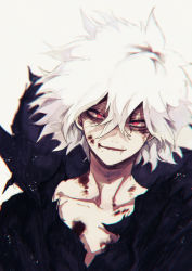 Rule 34 | 1boy, anoko (darenokoanoko), blood, boku no hero academia, collarbone, commentary request, hair between eyes, highres, looking at viewer, male focus, medium hair, messy hair, parted lips, red eyes, scar, scar on face, scar on mouth, shigaraki tomura, simple background, smile, solo, torn, torn clothes, upper body, white background, white hair