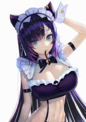 Rule 34 | 1girl, animal ears, arm up, armband, bad id, bad twitter id, bare shoulders, bell, black bow, black hairband, black neckwear, borrowed character, bow, breasts, cat ears, cleavage, closed mouth, etama quomo, eyeshadow, fingernails, green eyes, hair between eyes, hair ornament, hairband, long hair, looking at viewer, maid, maid headdress, makeup, mouth hold, navel, neck bell, original, pink lips, purple eyeshadow, purple hair, revision, signature, solo, wrist cuffs, x, x hair ornament