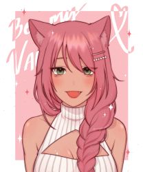 Rule 34 | 1girl, :d, absurdres, animal ear fluff, animal ears, blush, border, braid, breasts, cleavage, cleavage cutout, clothing cutout, dress, fang, green eyes, hair ornament, hair over shoulder, hairclip, heart, highres, long hair, looking at viewer, mugen0017, open mouth, original, pink background, pink hair, smile, solo, sweater, sweater dress, triangle cutout, valentine, white border, white sweater