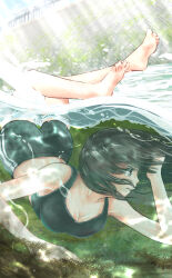 Rule 34 | absurdres, air bubble, ass, barefoot, black eyes, breasts, bubble, character request, cleavage, highres, lake, medium breasts, pixiv id, pixiv username, short hair, sports bra, swimming, swimsuit, underwater, water