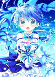 Rule 34 | 1girl, bare shoulders, blue bow, blue hair, blue skirt, blush, bow, commentary request, copyright request, crop top, detached sleeves, floating hair, gloves, green eyes, hair between eyes, hair bow, heart, highres, holding, holding wand, long hair, midriff, puffy short sleeves, puffy sleeves, sakurazawa izumi, short sleeves, skirt, solo, star (symbol), v-shaped eyebrows, very long hair, wand, white gloves, white sleeves