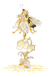 Rule 34 | 1girl, antennae, bare shoulders, blonde hair, blunt bangs, braid, braided bun, breasts, butterfly girl, butterfly wings, closed eyes, detached sleeves, dress, flower, from side, hair bun, hair flower, hair ornament, high heels, horn (instrument), in tree, insect wings, instrument, lily of the valley, medium breasts, music, original, playing instrument, profile, sidelocks, simple background, single hair bun, socks, solo, standing, starshadowmagician, tree, updo, white background, white dress, white socks, wings, yellow flower, yellow footwear, yellow theme