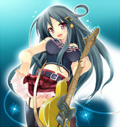 Rule 34 | 1girl, belt, breasts, gaku buru, garter belt, guitar, hair ornament, instrument, jewelry, komone ushio, large breasts, long hair, midriff, musical note, necklace, open mouth, pink eyes, skirt, skirt hold, solo, sparkle, tele(guitar), thighhighs