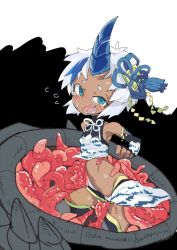 Rule 34 | blue hair, character request, copyright request, dark skin, highres, horns, monster, multicolored hair, open mouth, restrained, single horn, tears, teeth, tentacle pit, tentacles, tomatojam, white hair