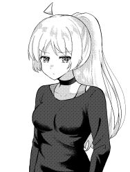 Rule 34 | 1girl, ahoge, alternate hairstyle, bocchi the rock!, breasts, choker, closed mouth, collarbone, detached ahoge, highres, ijichi seika, long hair, long sleeves, looking at viewer, medium breasts, monochrome, ponytail, pout, shirt, solo, upper body, wata9mm no, white background