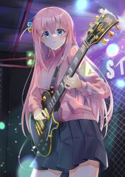 Rule 34 | 1girl, blue eyes, bocchi the rock!, chain-link fence, cube hair ornament, dusu (htkj), electric guitar, fence, gibson les paul, gotoh hitori, guitar, hair between eyes, hair ornament, highres, holding, holding instrument, indoors, instrument, jacket, long hair, long sleeves, looking at viewer, music, one side up, open mouth, pink hair, pink jacket, playing instrument, pleated skirt, skirt, solo, sweat, track jacket