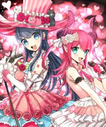 Rule 34 | 2girls, :d, bad id, bad pixiv id, bare shoulders, black hair, blue eyes, bow, breasts, character request, cosplay, costume switch, detached sleeves, dress, earrings, elizabeth bathory (fate), elizabeth bathory (fate) (cosplay), elizabeth bathory (fate/extra ccc), elizabeth bathory (third ascension) (fate), fang, fate/grand order, fate (series), flower, gloves, hair bow, hair ornament, hairclip, hand up, hat, heart, holding, holding microphone, horns, jewelry, long hair, long sleeves, looking at viewer, microphone, microphone stand, multiple girls, open mouth, pink dress, pink hair, pink hat, red flower, red rose, rose, small breasts, smile, striped clothes, striped headwear, stuffed animal, stuffed rabbit, stuffed toy, takashi (onikukku), teddy bear, two side up, vertical-striped clothes, vertical-striped headwear, white gloves