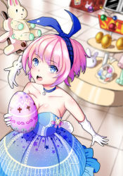 Rule 34 | 1girl, absurdres, alternate costume, bare shoulders, blue eyes, blush, bow, breasts, choker, cleavage, dou (1277759191), dou (pixiv), dress, easter, easter egg, egg, elbow gloves, gloves, hair ribbon, hairband, highres, large breasts, looking at viewer, open mouth, personification, pink hair, ponytail, ranger (warship girls r), ribbon, smile, solo, stuffed animal, stuffed toy, warship girls r