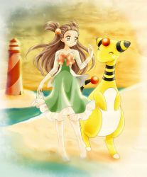 Rule 34 | 00s, 1girl, ampharos, barefoot, beach, brown hair, chikorita85, collarbone, creature, creatures (company), dress, frilled dress, frills, game freak, gen 2 pokemon, green dress, gym leader, hair ornament, highres, holding, holding shoes, jasmine (pokemon), lighthouse, nintendo, ocean, pokemon, pokemon (creature), pokemon hgss, ribbon, sand, shoes, smile, two side up, yellow eyes