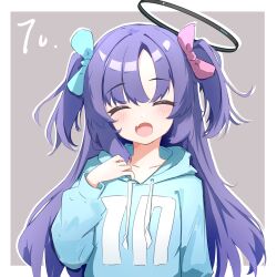 Rule 34 | 1girl, :d, absurdres, arm at side, blue archive, blue bow, blue hoodie, blush, border, bow, brown background, closed eyes, collarbone, dot nose, drawstring, facing viewer, fang, hair bow, halo, hand on own chest, highres, hood, hood down, hoodie, huajiao, long hair, mechanical halo, open mouth, parted bangs, pink bow, portrait, purple hair, sidelocks, simple background, skin fang, smile, solo, two side up, white border, yuuka (blue archive)