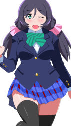 Rule 34 | 1girl, artist name, artist request, black legwear, blue jacket, blue skirt, blush, bow, bowtie, breasts, collared shirt, doki2sdale, female focus, green bow, green bowtie, green eyes, hair ornament, hair scrunchie, highres, jacket, long hair, looking at viewer, love live!, love live! school idol project, medium breasts, miniskirt, one eye closed, otonokizaka school uniform, parted lips, plaid, plaid skirt, purple hair, school uniform, scrunchie, shirt, short sleeves, skirt, smile, solo, standing, standing on one leg, striped bow, striped bowtie, striped clothes, tojo nozomi, twintails, white background, white shirt