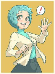 Rule 34 | !, 1girl, :d, absurdres, artist request, bad link, blue hair, blue shirt, blush, brown eyes, drawfag, hand up, highres, non-web source, open mouth, persona, persona 3, shirt, short hair, smile, solo, spoken exclamation mark, standing, yamagishi fuuka, yellow background