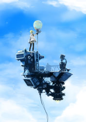 Rule 34 | 1girl, absurdres, bag, balloon, black thighhighs, blonde hair, blue theme, cable, cloud, from behind, gradient background, highres, hood, hoodie, ladder, okuto, original, propeller, science fiction, short hair, shorts, shoulder bag, sky, solo, thighhighs, zettai ryouiki
