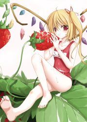 Rule 34 | 1girl, :t, alternate color school swimsuit, barefoot, blonde hair, embodiment of scarlet devil, feet, female focus, flandre scarlet, food, foreshortening, fruit, highres, leaf, legs, mini person, minigirl, one-piece swimsuit, ponytail, red eyes, red one-piece swimsuit, rindou (faker&#039;s manual), school swimsuit, short hair, short hair with long locks, side ponytail, slit pupils, soles, solo, strawberry, suggestive fluid, swimsuit, toes, touhou, wings