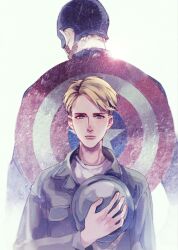 Rule 34 | 1boy, animification, blonde hair, blue bodysuit, blue eyes, bodysuit, captain america, captain america: the first avenger, captain america (series), closed mouth, collared jacket, fingernails, grey hat, grey jacket, hand up, hat, helmet, holding, holding clothes, holding hat, jacket, long sleeves, looking at viewer, male focus, marvel, marvel cinematic universe, military hat, military uniform, pocket, shield, shield on back, shirt, short hair, simple background, solo, standing, star (symbol), steve rogers, superhero costume, t-shirt, ultimatesue, uniform, unworn hat, unworn headwear, white background, white shirt