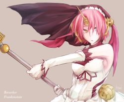 Rule 34 | 1girl, akaji (alpha0107), armpits, artist name, bare shoulders, blue eyes, bridal veil, brown background, character name, cleavage, dress, elbow gloves, english text, fate/apocrypha, fate (series), frankenstein&#039;s monster (fate), gloves, heterochromia, highres, holding, horns, looking at viewer, mace, open mouth, pink hair, see-through, see-through cleavage, short hair, single horn, solo, strapless, strapless dress, upper body, veil, weapon, white dress, white gloves, yellow eyes
