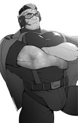 Rule 34 | 1boy, arm hair, around crotch, bara, beard stubble, bulge, bulge lift, cross scar, crossed arms, facial hair, facial scar, feet out of frame, goggles, gradient skin, highres, kansuke (kansuke 717), large bulge, large pectorals, live a hero, male focus, mature male, multicolored hair, muscular, muscular male, pectoral lift, pectorals, scar, scar on cheek, scar on face, scar on forehead, short hair, solo, spot color, streaked hair, stubble, suspenders, thick thighs, thighs, tusks, undercut, yoshiori (live a hero)