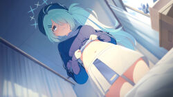 Rule 34 | 1girl, antenna hair, aqua hair, blue archive, breasts, clothes lift, commentary request, game cg, grin, hair between eyes, hair ornament, hairclip, hat, highres, hiyori (blue archive), large breasts, lifting own clothes, long hair, looking at viewer, muffin top, navel, official art, plump, side ponytail, skindentation, sleeves past wrists, smile, solo, tearing up