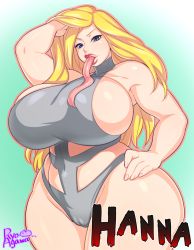 Rule 34 | 1girl, agawa ryou, artist name, bad id, bad pixiv id, blonde hair, blue eyes, borrowed character, breasts, cameltoe, character name, cleft of venus, curvy, female focus, green eyes, heterochromia, huge breasts, lips, long hair, long tongue, mature female, one-piece swimsuit, original, sideboob, solo, standing, swimsuit, tongue, tongue out, wide hips