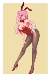 Rule 34 | 1girl, animal ears, ass, baeg mi, bare arms, bare shoulders, border, bow, bowtie, breasts, cleavage, commentary request, covered navel, detached collar, fake animal ears, fake tail, forehead, full body, hair between eyes, hand on own hip, hand on own thigh, high heels, highleg, highleg leotard, highres, large breasts, legs apart, leotard, long hair, looking at viewer, no bra, open mouth, original, pantyhose, pink eyes, playboy bunny, rabbit tail, red bow, red bowtie, red footwear, red hair, red leotard, solo, standing, strapless, strapless leotard, tail, thighs, two-tone background, white border, wrist cuffs, ||/
