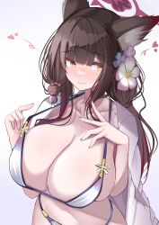 Rule 34 | 1girl, ahhien, animal ear fluff, animal ears, bikini, black hair, blue archive, blunt ends, blush, breasts, cleavage, collarbone, colored inner hair, flower, fox ears, fox girl, fox tail, hair flower, hair ornament, halo, highres, huge breasts, long hair, looking to the side, multicolored hair, nail polish, navel, official alternate costume, red hair, solo, string bikini, swimsuit, tail, two-tone hair, wakamo (blue archive), wakamo (swimsuit) (blue archive), white bikini, yellow eyes