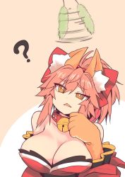 Rule 34 | 1girl, ?, @ @, animal ear fluff, animal ears, animal hands, bare shoulders, bell, breasts, cat paws, cleavage, collar, collarbone, detached sleeves, fate/grand order, fate (series), fox ears, fox girl, gloves, hair ribbon, highres, japanese clothes, jingle bell, kimono, large breasts, long hair, looking up, neck bell, paw gloves, pink hair, ponytail, red kimono, red ribbon, ribbon, solo, tail, tamamo (fate), tamamo cat (fate), tamamo cat (first ascension) (fate), wisespeak, yellow eyes