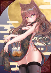 Rule 34 | 1girl, absurdres, animal ears, arknights, bare shoulders, black thighhighs, breasts, brown hair, cat ears, cat girl, china dress, chinese clothes, chinese commentary, cleavage, closed mouth, curly hair, dress, floral print, frown, gold trim, hair between eyes, highres, lifted by self, looking away, looking to the side, medium breasts, mid-autumn festival, mikawa sansen, mole, mole on breast, mooncake, o-ring, o-ring bottom, o-ring panties, panties, ribbon-trimmed clothes, ribbon trim, skyfire (arknights), solo, steam, strapless, strapless dress, thighhighs, thighs, underwear, yellow eyes