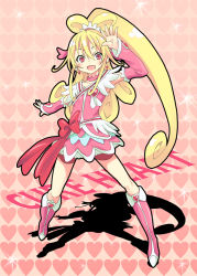 Rule 34 | 1girl, :d, aida mana, blonde hair, blush, boots, bow, brooch, character name, cure heart, dokidoki! precure, heart, heart background, heart brooch, long hair, miyao ryuu, miyaoryu, open mouth, pink bow, pink eyes, pink footwear, precure, red eyes, shadow, smile, solo, sparkle, standing
