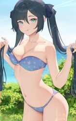 Rule 34 | 1girl, :q, absurdres, alternate costume, armpit crease, bare arms, bare shoulders, bikini, black hair, black ribbon, blue bikini, blue sky, breasts, cleavage, collarbone, commentary, cowboy shot, day, front-tie top, genshin impact, grass, green eyes, hair between eyes, hair ribbon, hands up, highres, holding, holding own hair, large breasts, long hair, looking at viewer, mona (genshin impact), navel, outdoors, paid reward available, ponytail holder, ribbon, rosumerii, sidelocks, sky, solo, star (symbol), star print, stomach, strapless, strapless bikini, swept bangs, swimsuit, thighs, tongue, tongue out, twintails