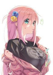 Rule 34 | 1girl, band shirt, black shirt, bocchi the rock!, breasts, from side, gotoh hitori, green eyes, hair between eyes, cube hair ornament, hair ornament, highres, jacket, killswitch engage, kink (tortoiseshell), large breasts, long hair, long sleeves, looking back, merchandise, one side up, parted lips, partially unzipped, pink hair, pink jacket, shirt, sideways mouth, simple background, solo, speech bubble, sweatdrop, t-shirt, track jacket, upper body, white background, zipper, zipper pull tab