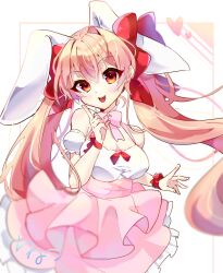 Rule 34 | 1girl, animal ears, bare shoulders, bow, bowtie, breasts, di gi charat, dress, fake animal ears, female focus, frilled dress, frills, hair between eyes, hair bow, hair ornament, heart, highres, long hair, looking at viewer, multiple hair bows, off-shoulder, off-shoulder dress, off shoulder, open mouth, pink bow, pink bowtie, pink hair, puffy sleeves, rabbit ears, red bow, red eyes, solo, twintails, usada hikaru, user cmjs2472, very long hair