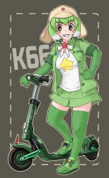 Rule 34 | + +, 1girl, absurdres, blush, bow, bowtie, collared shirt, commentary, elbow gloves, gloves, green eyes, green footwear, green gloves, green hair, green shirt, green skirt, green thighhighs, hat, highres, kemono friends, kemono friends 3, keroro (kemono friends), keroro gunsou, looking at viewer, motor vehicle, multicolored hair, open clothes, open shirt, pleated skirt, scooter, shirt, shoes, short hair, skirt, sneakers, solo, star (symbol), symbol-only commentary, thighhighs, toriny, two-tone hair, white bow, white bowtie, white hair, white shirt, zettai ryouiki