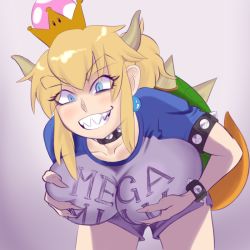 Rule 34 | 1girl, blonde hair, blue eyes, blush, bowsette, breast hold, breasts, grabbing, grin, horns, large breasts, leaning forward, long hair, mario (series), mega milk, meme attire, new super mario bros. u deluxe, nintendo, parody, shirt, smile, solo, t-shirt, thick eyebrows