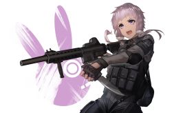 Rule 34 | 1girl, black gloves, black pants, commentary request, fingerless gloves, fixro2n, gloves, grey jacket, gun, hair ornament, highres, holding, holding gun, holding knife, holding weapon, jacket, knife, long hair, long sleeves, lower teeth only, open mouth, pants, purple eyes, purple hair, sidelocks, solo, teeth, upper teeth only, v-shaped eyebrows, voiceroid, weapon, weapon request, white background, yuzuki yukari